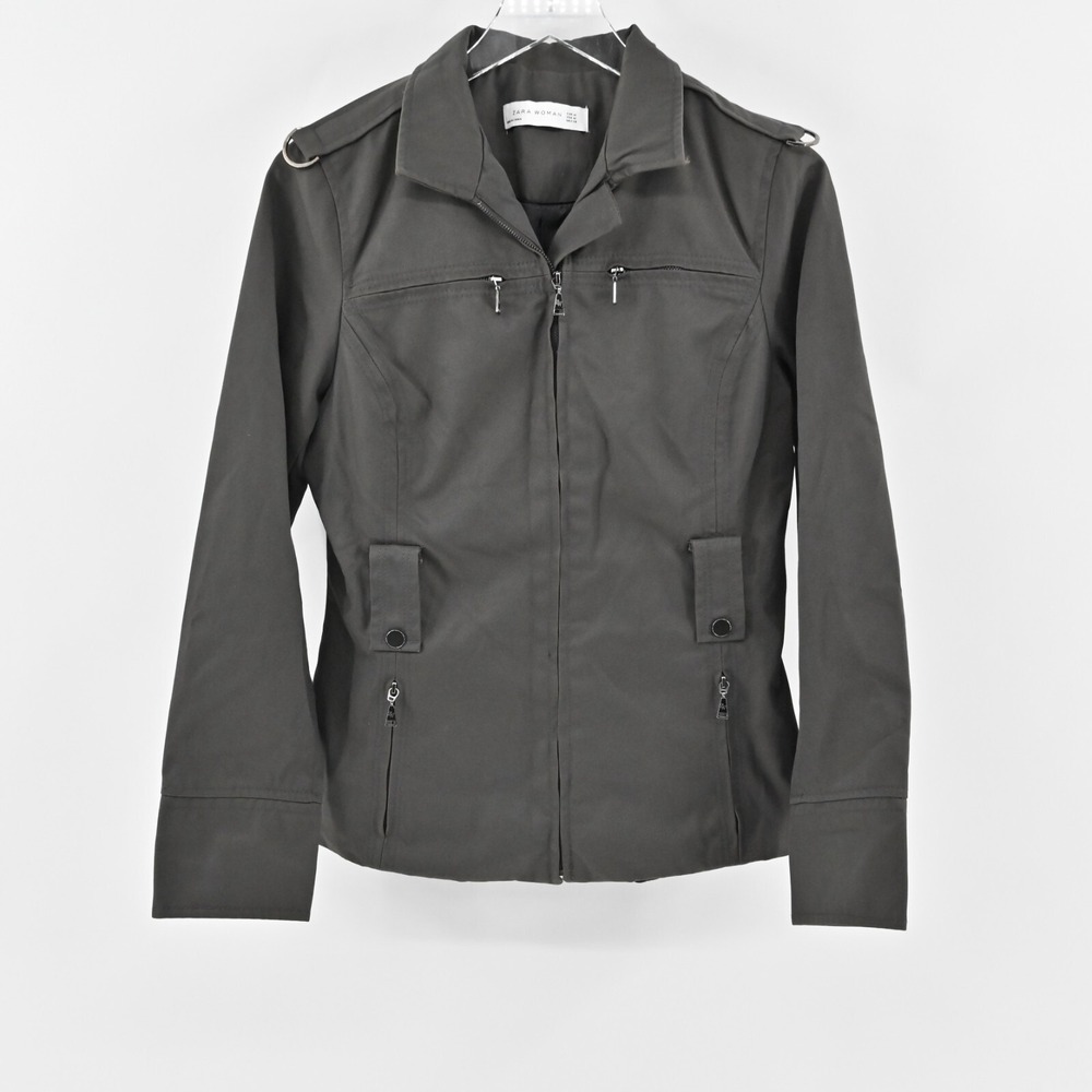 ZARA Jacket Womens Size M Military‎ Gray Safari Utility Zip Up Nylon Blend Lined